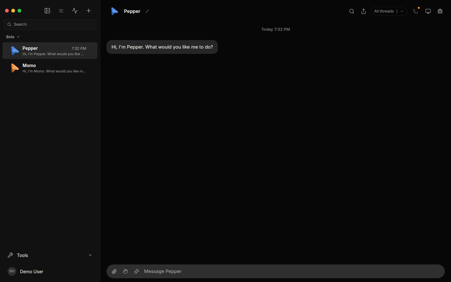 The AgentryBot app: Pepper and Momo in the sidebar, and a chat with Pepper open.